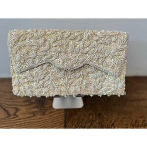 Vintage 60s Beige White Silk Beaded sequin Evening Clutch Bag Hong Kong
